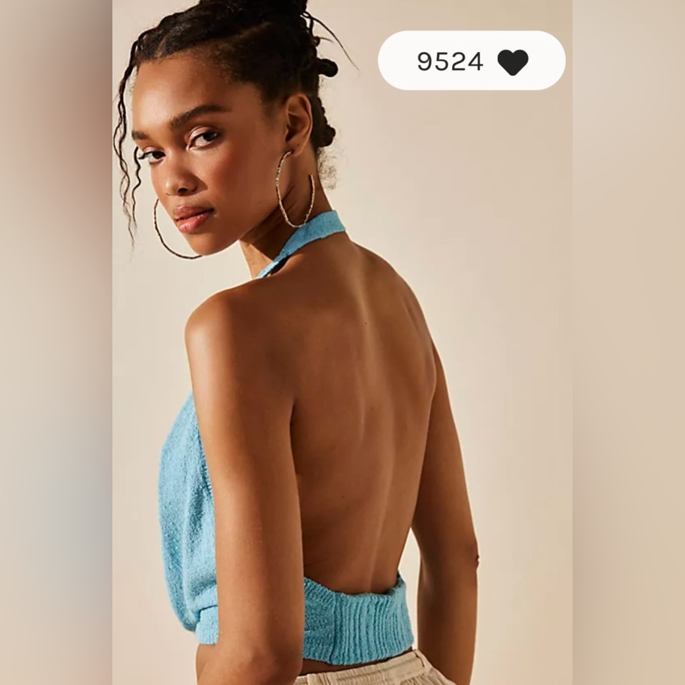 FREE PEOPLE Iris Open Back Knit Halter Sweater In Splash (Sky Blue) Sz M/L ✨NWT✨ - Picture 2 of 6